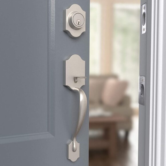 AMZ Basics Front Door Lock Set Handle Set Shelby Lever Level Handle Satin Nickel - Picture 8 of 11